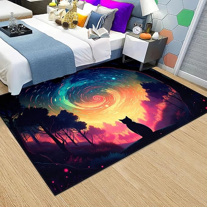 Moon Black Cat Rug - Mystical Stary Night Cat Rug for Kids Bedroom Colorful Black Cat Rug Decor Room Cat Door Mats Outdoor Entrance, 2.5x4 Feet