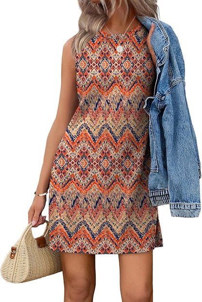 WIHOLL Casual Dresses for Women Crewneck Sleeveless Tank Dress Summer Spring Boho Vacation Clothes