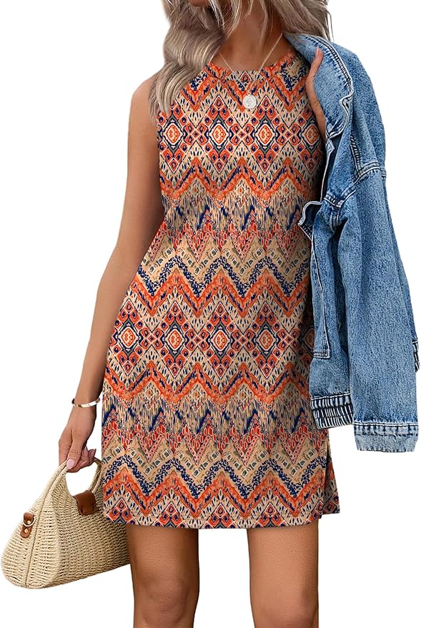 WIHOLL Casual Dresses for Women Crewneck Sleeveless Tank Dress Summer Spring Boho Vacation Clothes