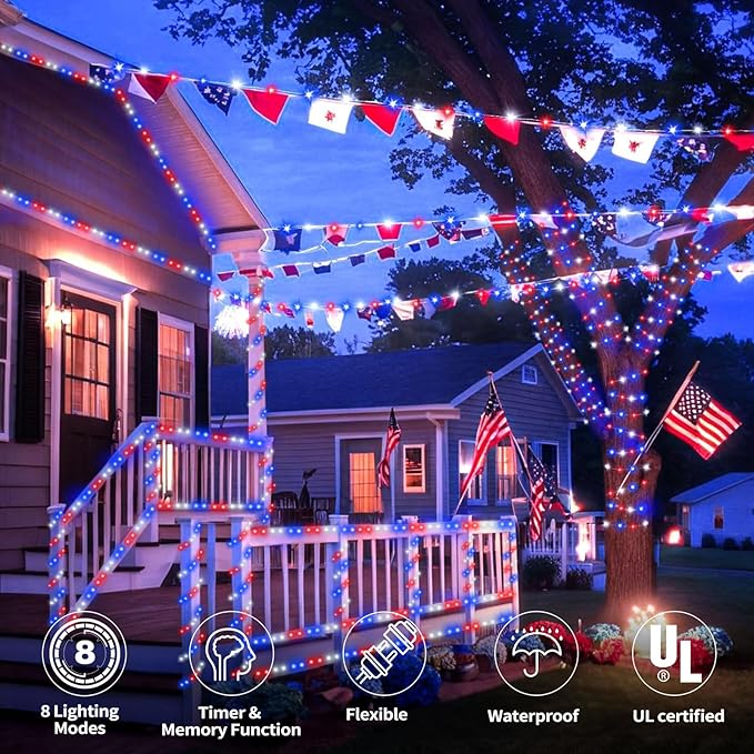150ft LED Rope Lights Outdoor, 1080 LED Flexible Tube Lights with 8 Modes, Waterproof LED Rope Lighting for Independence Flag Day, Memorial Day, National Day, Outdoor,Indoor Decor (Red & White & Blue)
