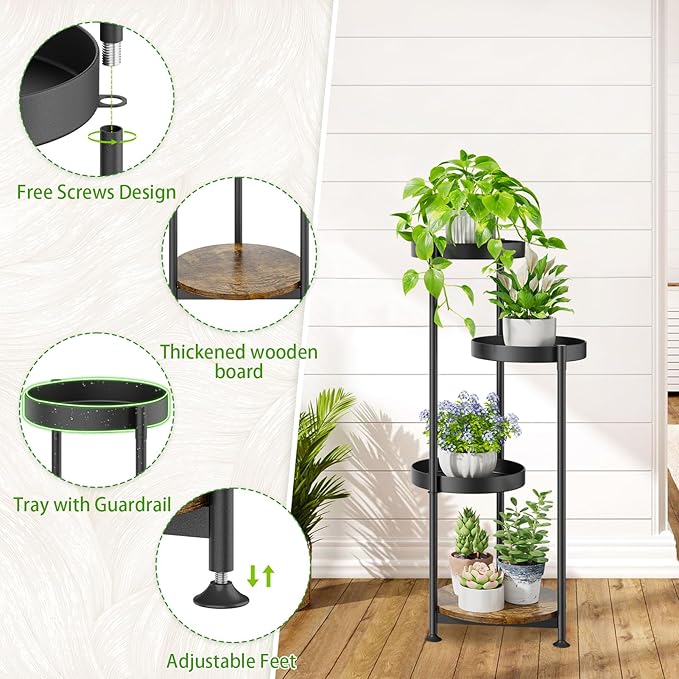 Plant Stand Indoor Outdoor Clearance, 4 Tier Metal Tall Flower Shelf Holder, Multiple Plant Round Corner Rack Organizer Display for Patio Orchid Office Porch Living Room Garden Balcony, Black