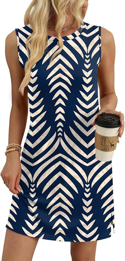 WIHOLL Casual Dresses for Women Crewneck Sleeveless Tank Dress Summer Spring Boho Vacation Clothes