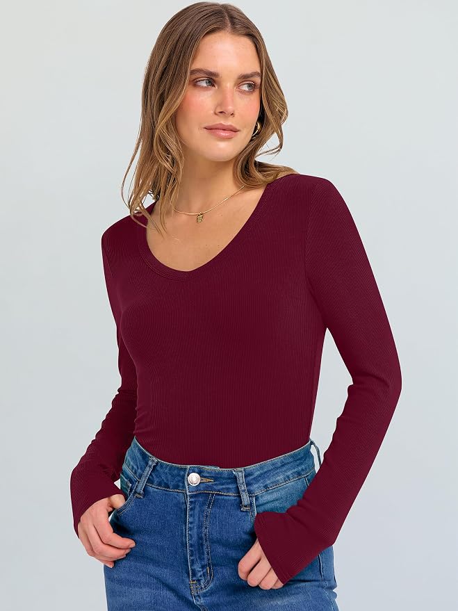ANRABESS Long Sleeve V Neck Shirts for Women | Soft Comfy Ribbed Knit Fitted Tshirts, Casual Going Out Tops, 2026 Trendy Basic, Fall Winter Underscrub Layering Clothes