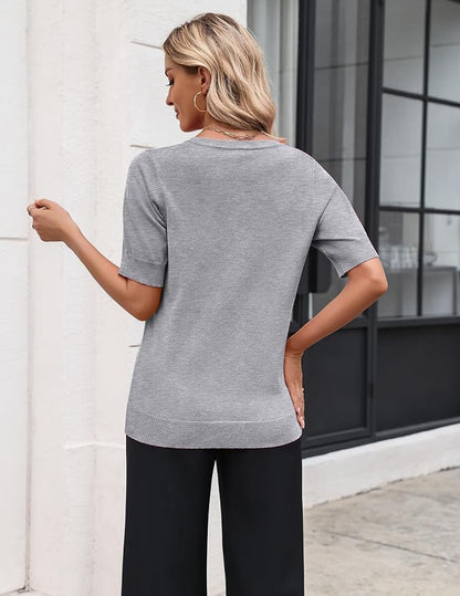 Zeagoo Women's Short Sleeve Sweater 2026 Spring Summer Tops Lightweight Casual V Neck Sweaters Dressy Work Blouses Clothes