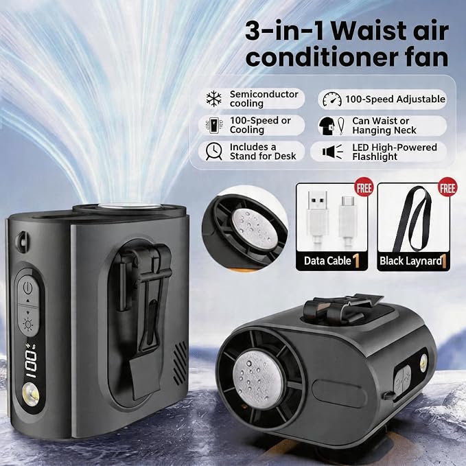 2026 AI Wearable Waist/Neck Hanging Fan,with Ice Cooler & Flashlight,10000mAh Rechargeable Clip On Belt Cooling Fan, 100-Speed 16000RPM Personal Body Fan,25H Work Time for Outdoor, Jobsite,Camping