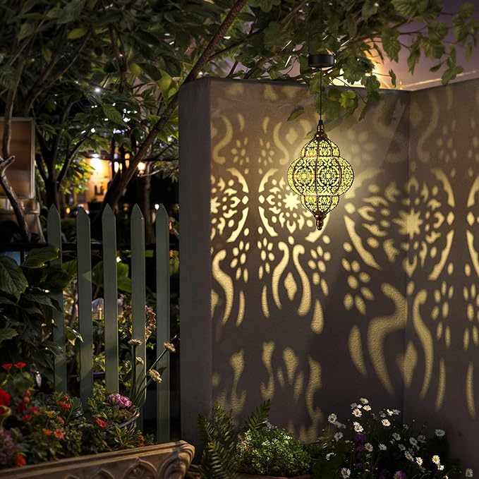 Hanging Solar Lights Outdoor Garden Decor Solar Lantern Waterproof Plastic Moroccan Outdoor Decorations for Patio Pathway Yard Backyard Garden Decorative (1 Pack, Bronze)