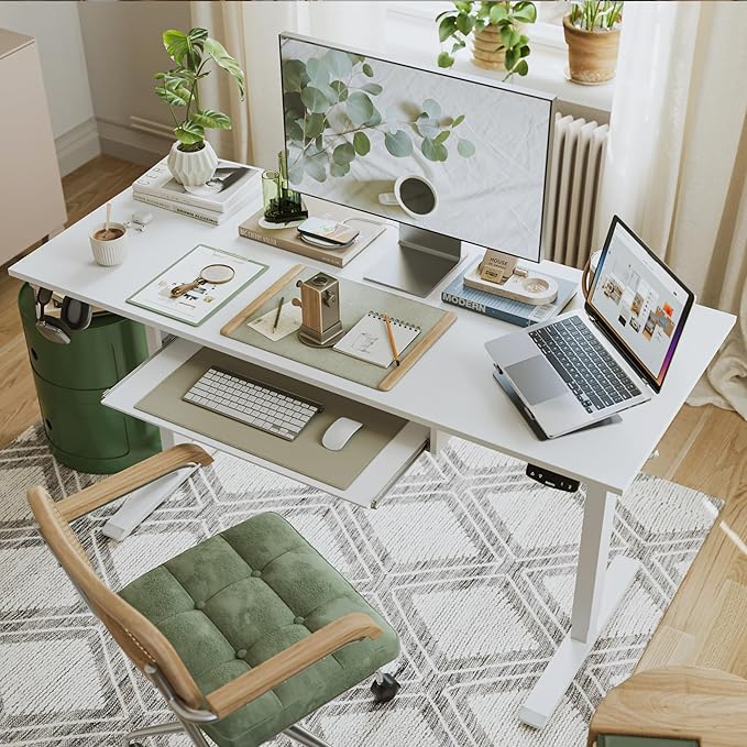 Height Adjustable Desk with Keyboard Tray, 48 x 24 Inches Electric Standing Desk, Stand up Computer Table with Memory Preset, Modern Lift Motorized Gaming Workstation, White
