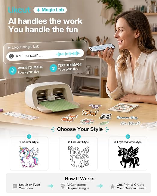 Likcut Vinyl Cutter Machine S501 - AI Smart Sticker Maker for Vinyl & Paper Crafts, AI Image Generation Portable Plotter DIY Cutting Machine for Craft & Party, Custom Stickers, Crafts for Adults