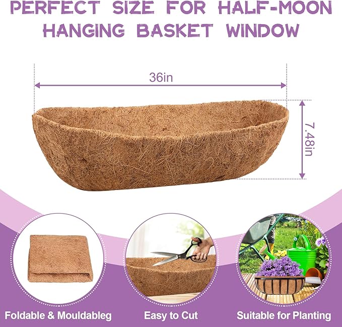 Riare 4 Pack 36 Inch Trough Coir Liners for Planters, Pre-Formed Coconut Coir Replacement Natural Coco Fiber Window Box Liners for Wall Planter, Window Basket Deck Railing Planter
