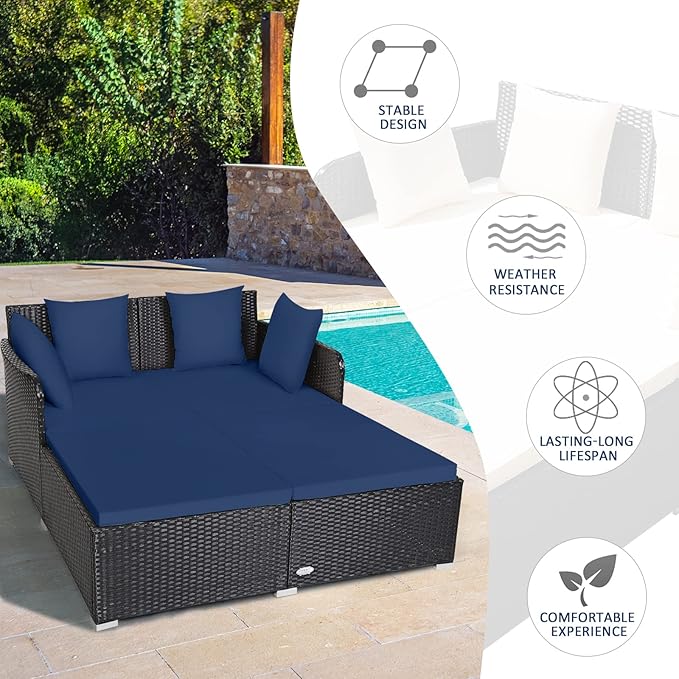 Tangkula Outdoor Rattan Daybed, Sunbed Wicker Furniture w/Spacious Seat, Upholstered Cushion & High-Resilience Sponge, Wicker Patio Sofa Set w/Extra Pillows for Courtyard Poolside (Navy)