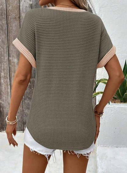 Dokotoo Womens Waffle Knit Tops 2026 Spring Summer V Neck Shirts Casual Trendy Women's Blouses Basic Tee