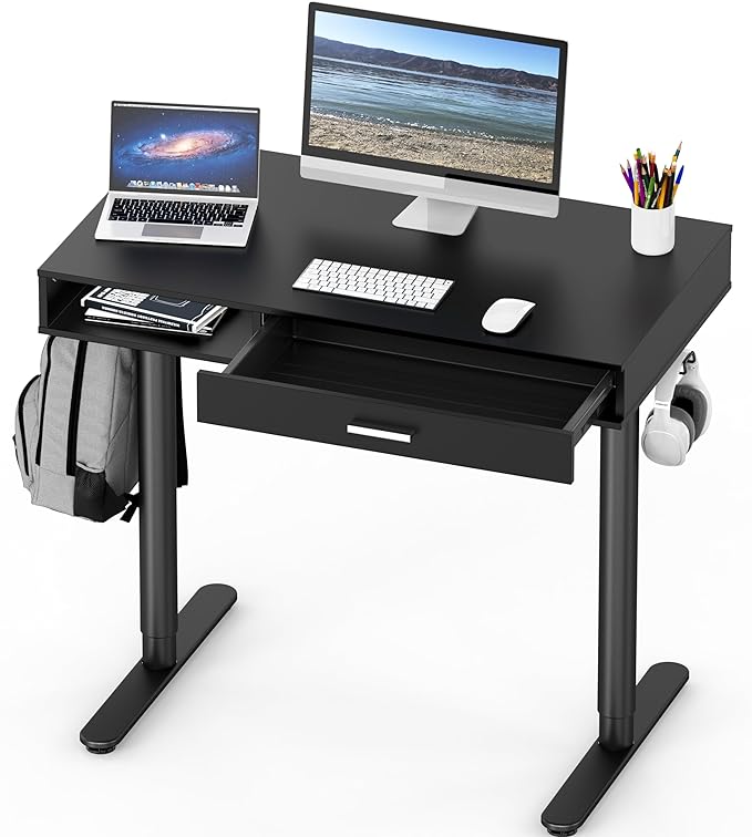 SHW Claire 40-Inch Height Adjustable Electric Standing Desk with Drawer, Black