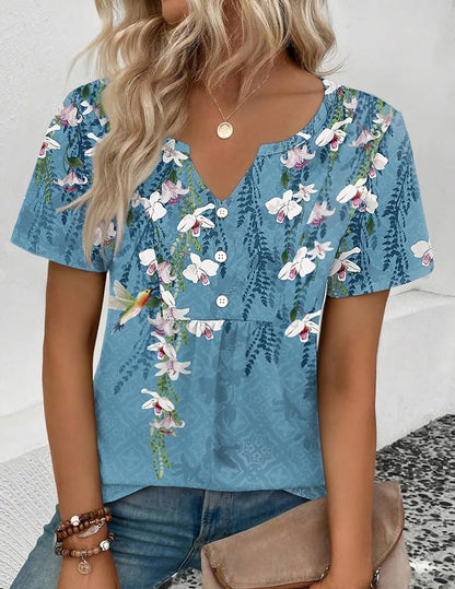 Zeagoo Womens Short Sleeve Tops Summer Henley V-Neck Tshirts Casual Pleated Blouse Dressy Loose Floral Basic Tee