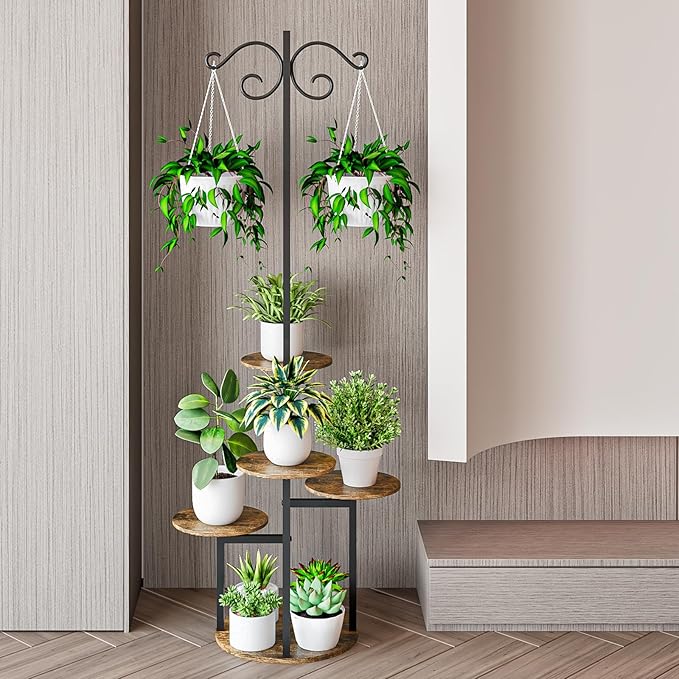 Plant Stand Indoor 5 Tier 8 Potted with hook hanging basket Multiple Flower Pot Holder for Patio Garden Balcony Living Room Corner (5 Tier with hook Black+Rustic Brown)