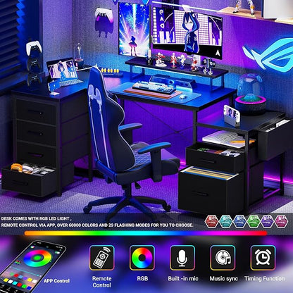 Unikito Reversible L Shaped Computer Desk with Fabric File Drawers, 70.8" Large Office Corner Desk with RGB LED Lights & Power Outlets & Monitor Stand & CPU Stand, Sturdy L Shape Gaming Desk, Black