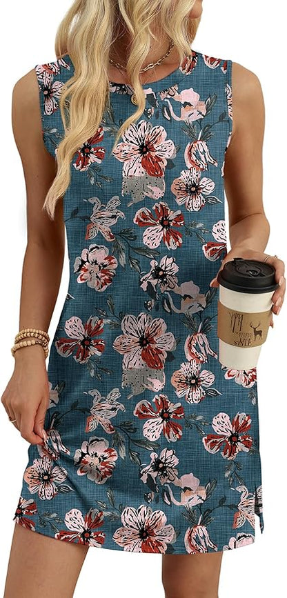 WIHOLL Casual Dresses for Women Crewneck Sleeveless Tank Dress Summer Spring Boho Vacation Clothes
