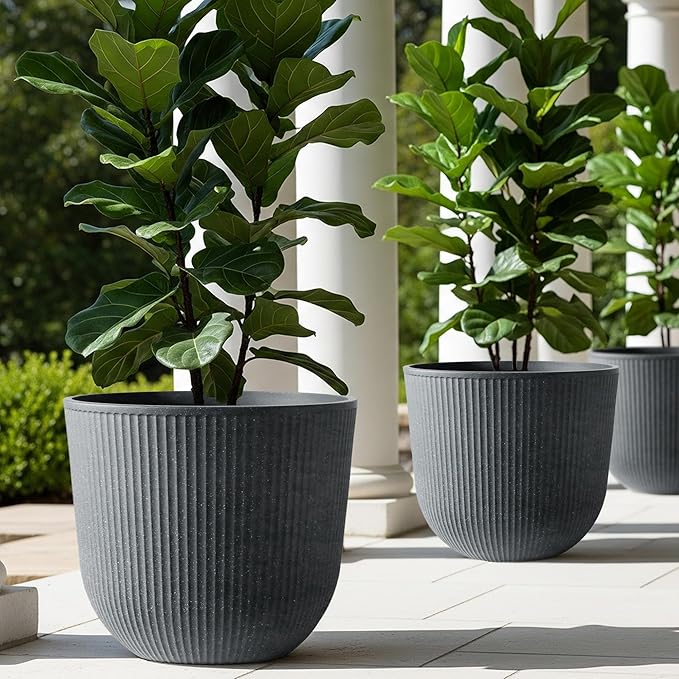 WORTH Garden Round Large Planter Pot Set of 2-17.5" Dia x 15.5" H - Durable Plastic Grey Plant Tree Pots with Vertical Stripe Textured Finish, Drainage Hole for Indoor, Outdoor, Front Porch, Patio