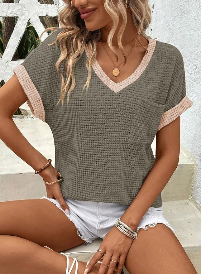 Dokotoo Womens Waffle Knit Tops 2026 Spring Summer V Neck Shirts Casual Trendy Women's Blouses Basic Tee