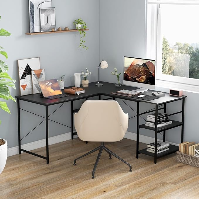 L-Shaped Home Office Desk, Corner Computer Desk w/Monitor Stand, Reversible PC Desk w/Heavy-Duty Metal Frame, Long Office Desk for 2 Person, Space-Saving Design (Black)