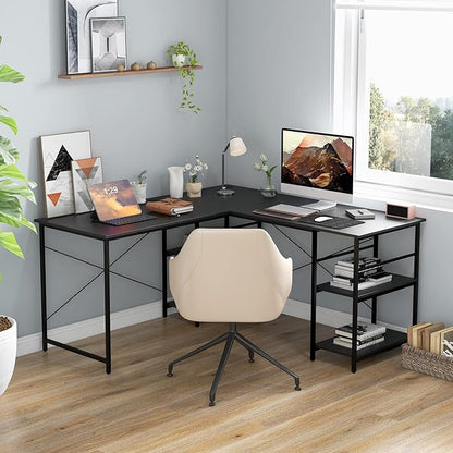 L-Shaped Home Office Desk, Corner Computer Desk w/Monitor Stand, Reversible PC Desk w/Heavy-Duty Metal Frame, Long Office Desk for 2 Person, Space-Saving Design (Black)
