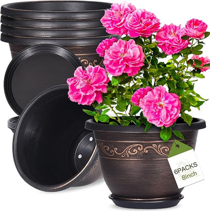 Plastic-Plant-Flower-Planters-8 Inch With Drainage Hole & Saucer, 6 Packs Lightweight Small Resin Flower Pot Indoor Outdoor, Retro Antique Imitation Decorative Garden Containers Sets For Houseplants