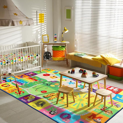 Kids Rug Cute Playroom Rug with ABC Alphabet Animals Classroom Rug Educational and Fun 4x6 Area Rugs for Baby Toddler Children Learning Girls Boys Bedroom Nursery Rug Washable