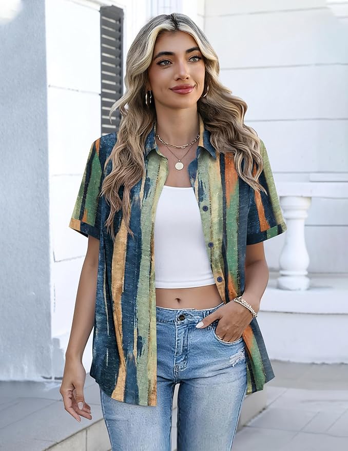 Zeagoo Button Down Shirts for Women Short Sleeve Collared Tops Dressy Casual V Neck Blouses