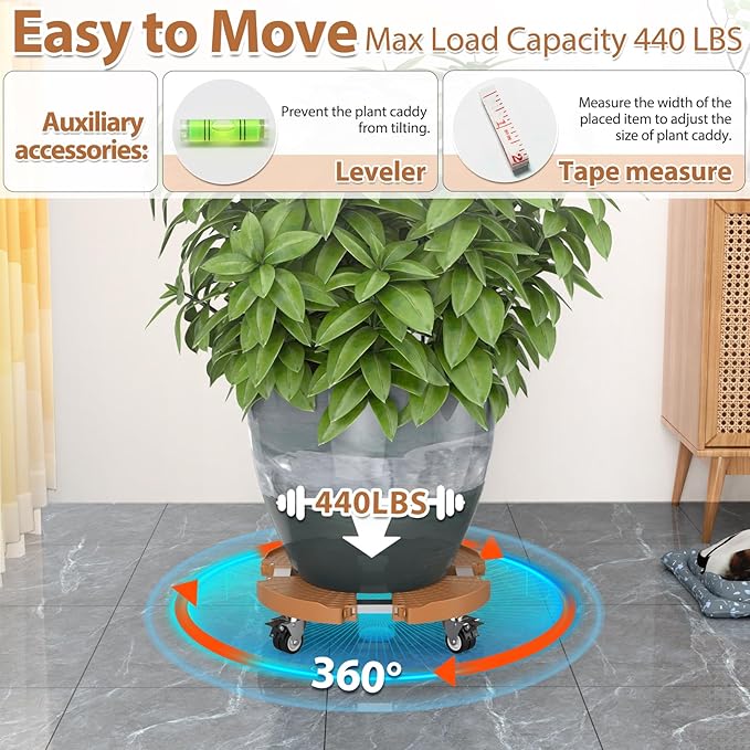VANCASTLE Plant Caddy with Lockable Wheels Heavy Duty 450lbs Capacity, 15-22 Inch Adjustable Plant Stand with Wheels Rolling base, Plant Dolly for Flower Pot Mover Indoor Outdoor, Khaki, 1 Pack