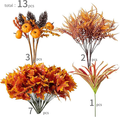 13pcs Outdoor Artificial Maple Leaf Pumpkin Branch with Berry and Maple Leave for Indoor Outside Hanging Plants Garden Porch Window Box Home Wedding Farmhouse Décor