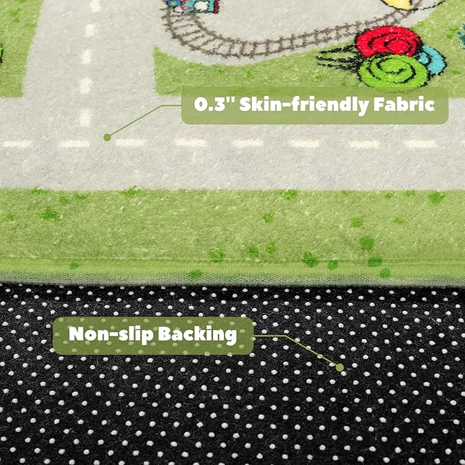 LIVEBOX Green Kids Playroom Rug, 5'x7' Washable Road Rug for Kids Room, Non-Slip Soft Car Rug Play Mat for Baby Nursery, Large City Traffic Rug Classroom for Boys Girls Dorm Toy Room Tent