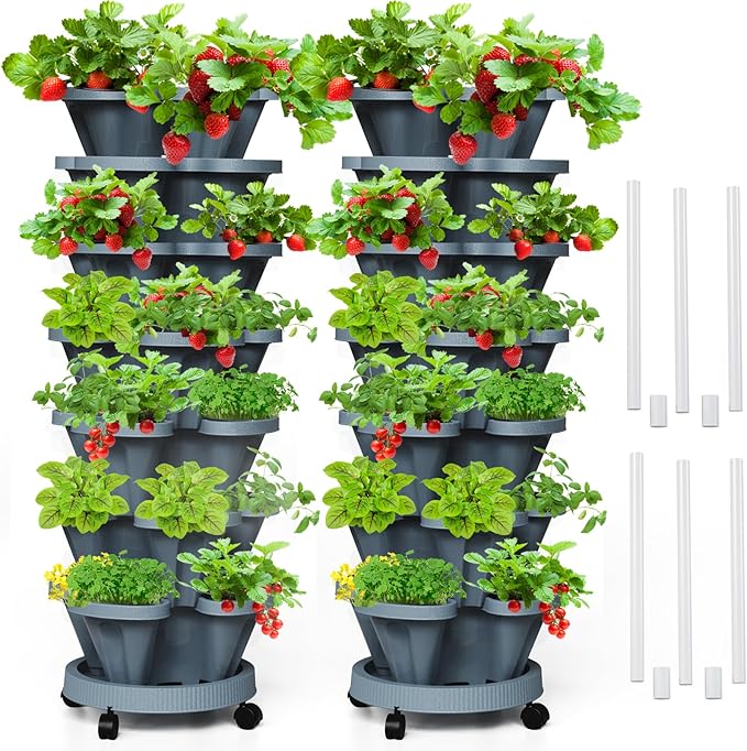 7 Tiered Strawberry Vertical Planters Tower Garden 2 Pack, Stacking Herb Vegetable Planter with Support Pole Indoor and Outdoor - Dark Grey