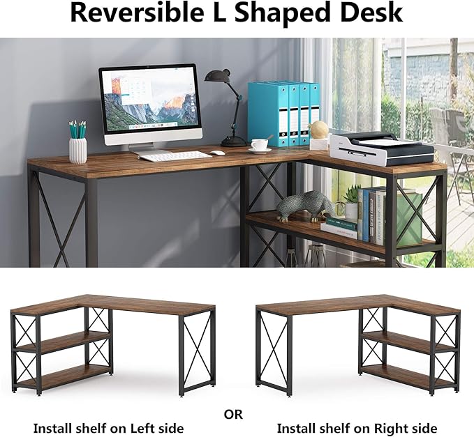Tribesigns Reversible Industrial L-Shaped Desk with Storage Shelves, Corner Computer Desk PC Laptop Study Table Workstation for Home Office Small Space (Brown, 53")