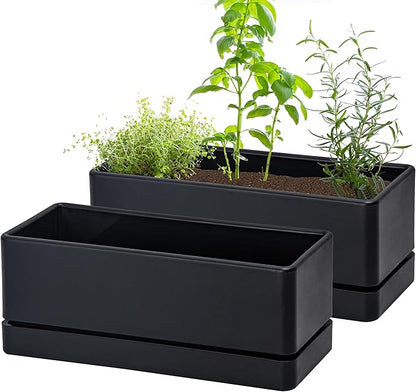 D'vine Dev 12 Inch Window Box Planter, Rectangle Plastic Herb Planter with Drainage Holes and Saucer, Indoor Succulent Cactus Vegetable Pot for Windowsill, Garden Balcony, Black, Set of 2, 76-X-B-2