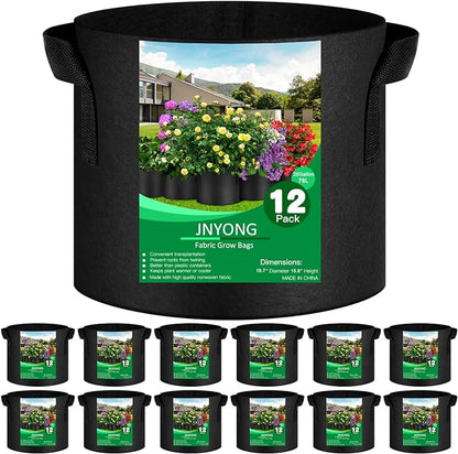 NYONG 12-Pack 20 Gallon Thickened Non-Woven Grow Bags, Aeration Fabric Pots with Handles（Black）