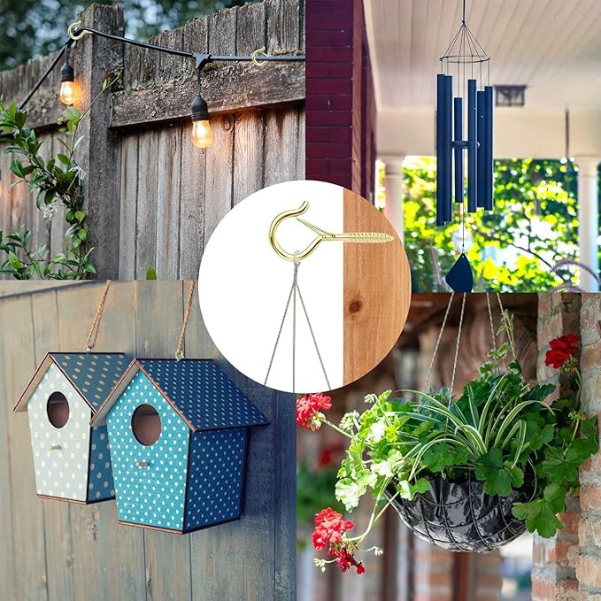 48 PCS Q-Hanger Hooks, Screw Hooks for Outdoor String Lights, Safety Buckle Design Cup Eye Hook for Hanging Christmas Lights, Plants, Mounted on Wall Ceiling, Include 1 Wing Nut Driver, Gold