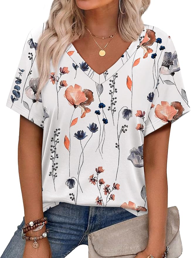 Alaroo Womens Summer Tops 2026 V Neck Short Sleeve Shirts Trendy Dressy Casual Vacation Outfits Printed