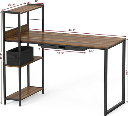 SHW 46-Inch Mission Desk with Side Shelf, 24" Deep, Walnut