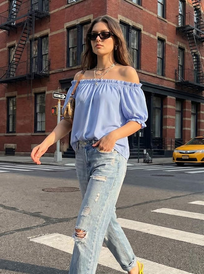 EVALESS Womens Tops Off The Shoulder Blouses for Women Dressy Casual Cute Puff Sleeve T Shirts Fashion 2026