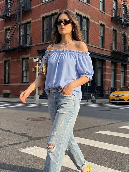 EVALESS Womens Tops Off The Shoulder Blouses for Women Dressy Casual Cute Puff Sleeve T Shirts Fashion 2026