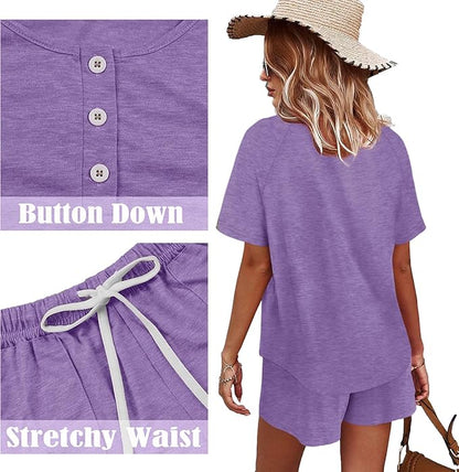 WIHOLL Two Piece Outfits for Women Lounge Sets Button Down Top and Shorts Set Sweatsuits with Pockets