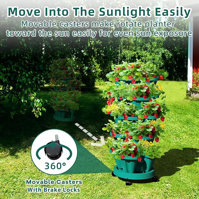 Strawberry Vertical Planters Tower Garden 2 Pack, 7 Tiered Stacking Herb Vegetable Planter with Support Pole Indoor and Outdoor - Hunter Green