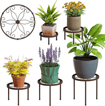 Plant Stand Indoor Outdoor 5 Pack Heavy Duty Metal Stand Multiple Plants, Anti-Rust Iron Flower Pot Stand Decoration Racks Plant Pot Shelf for Living Room Garden Balcony (Brown)