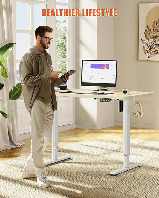 Electric Standing Desk Adjustable Height Stand Up Desk, 48" x 24" Sit Stand Desk, Low Noise Home Office Desk, Computer Desk with Whole-Piece Board, Child Lock & Memory Function, Maple