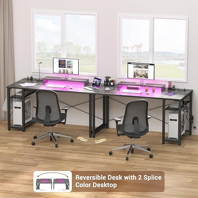 armocity Computer Desk with LED Lights, Gaming Desk with Power Outlet and USB, 40 Reversible Laptop Table with Moveable Monitor Stand, Small Desk for Small Spaces, Office, Gaming Room, Grey