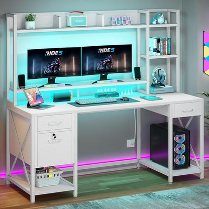 YITAHOME Computer Desk with Drawers & Power Outlets, File Drawers with Lock, 59" Home Office Desk with Storage Shelves & Monitor Stand, Gaming Desk with LED Lights & Hutch, White