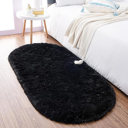 Noahas Black Fluffy Rugs for Bedroom,2'X 5' Oval Ultra Soft Bedroom Rugs,Small Throw Rugs, Kids Room Carpet Modern Shaggy Area Rugs Home Decor
