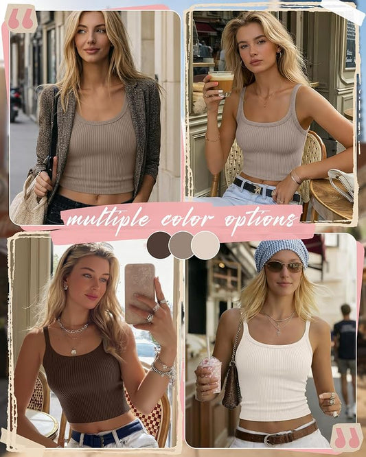 Ficerd 3 Pack Women's Tank Tops 95% Cotton Spaghetti Strap Ribbed Crop Camisole Slim Fitted Basic Summer Sleeveless Layer