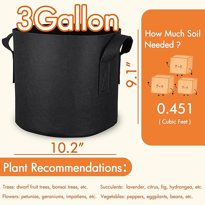 Gardzen 10-Pack 3 Gallons Grow Bags, Aeration Fabric Pots with Handles, Heavy Duty Cloth Pots for Plants