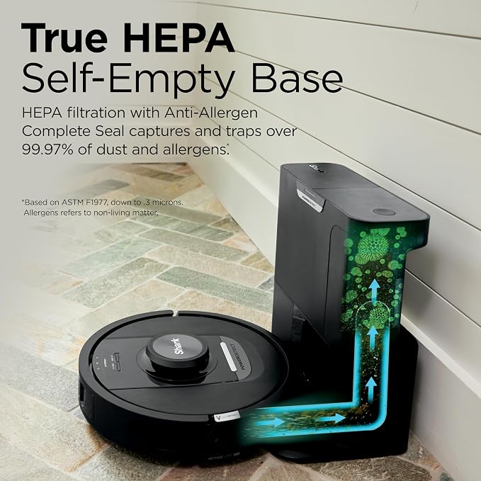 Shark PowerDetect Self-Empty Robot Vacuum with NeverStuck Technology, Auto Deep-Clean Carpets & Hardfloors, 30 Day Capacity HEPA Bagless Base, for Pet Hair, WiFi Black, AV2820S