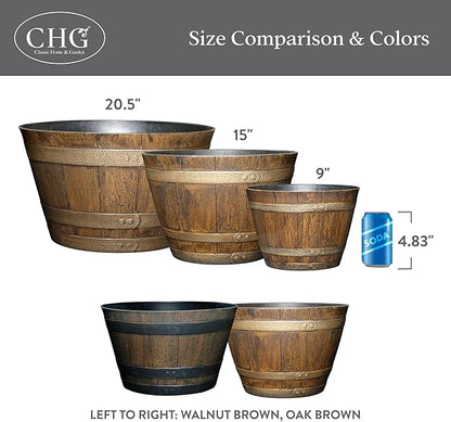 Classic Home and Garden Whiskey Barrel Planters - Home Flower Planter Pot - Decorative Garden Pots - Indoor & Outdoor Resin Planters - Weather-Resistant Planting Pots (15" Oak Brown, Pack of 1)